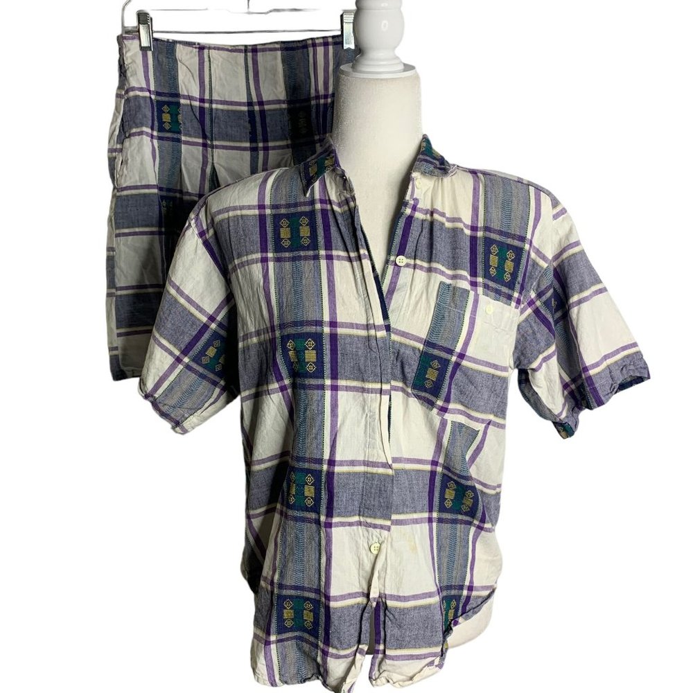 Vintage Button Up Shirt Shorts Set M Purple Plaid Embroidered Pockets Elastic - Picture 1 of 11
